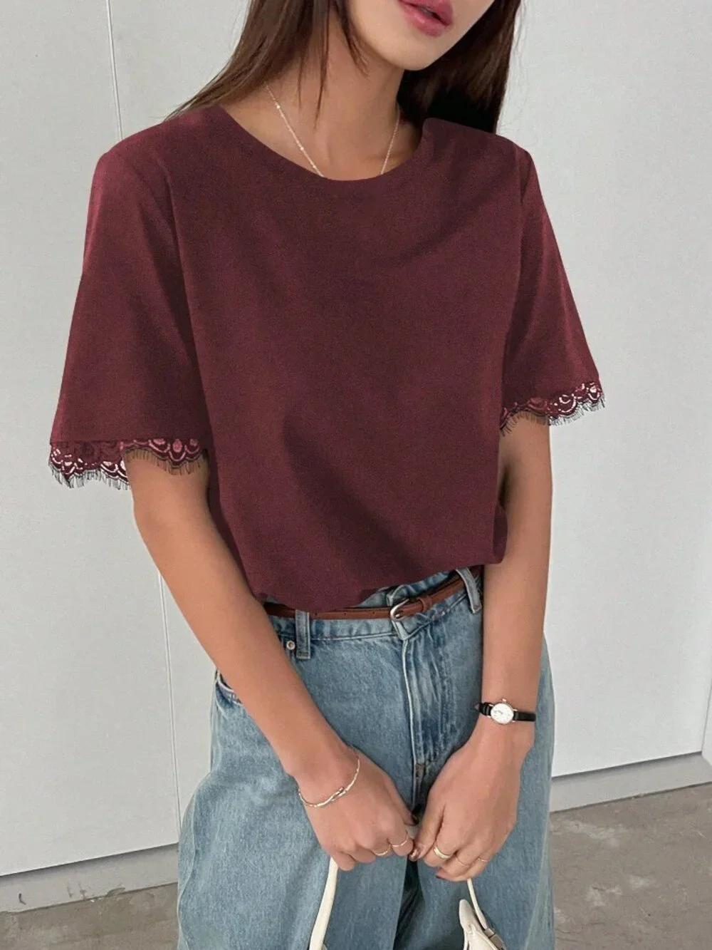 Burgundy Casual Women's Preppy Contrast Lace Loose Short Sleeve T-Shirt